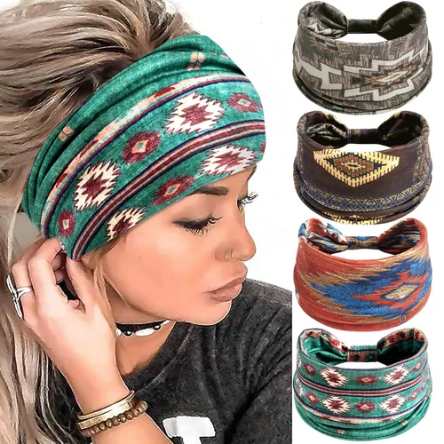 Miniatura 10 de Paquete de 4 diademas anchas para mujer, color negro, elegante, elástica, anudada, turbante de humedad, para entrenamiento, bandas para el sudor