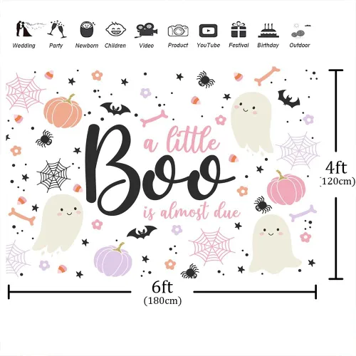 Miniatura 2 de Telón de fondo de Halloween de 6 x 4 pies para baby shower con texto en inglés "A Little Boo is Almost Due Blush Pink Pumpkin Skull Spider Web Bat