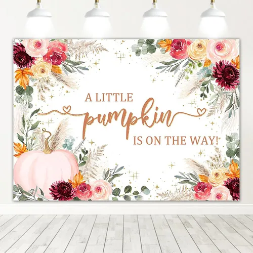 Miniatura 10 de Mocsicka Telón de fondo para baby shower, calabaza rosa burdeos, fondo de baby shower, decoración de fiesta con texto en inglés "A Little Pumpkin is