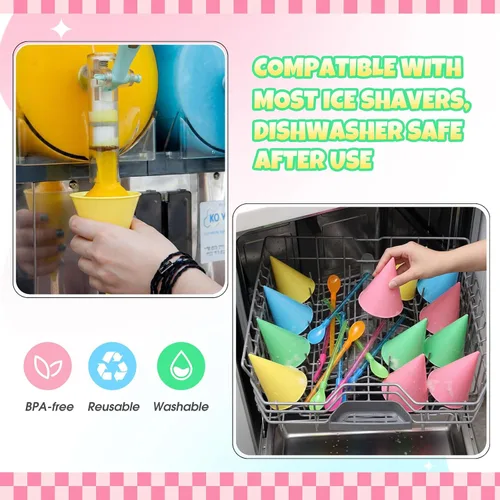 Miniatura 4 de FoldTier 20 tazas reutilizables de cono de nieve de 6 onzas con 20 cucharas de plástico multicolor de 9.3 pulgadas, suministros de hielo afeitado a
