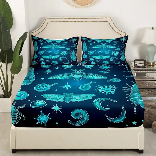 Miniatura 3 de Erosebridal Juego de ropa de cama color verde azulado tamaño individual, sábana bajera ajustable de polilla exótica Trippy Sun y Moon para niñas