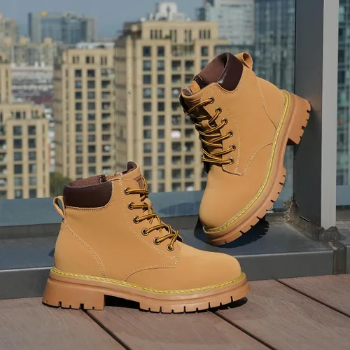 Miniatura 4 de JABASIC Botines de cuero para mujer, tacón bajo, con cordones, botas de combate, botas de trabajo de moda para exteriores