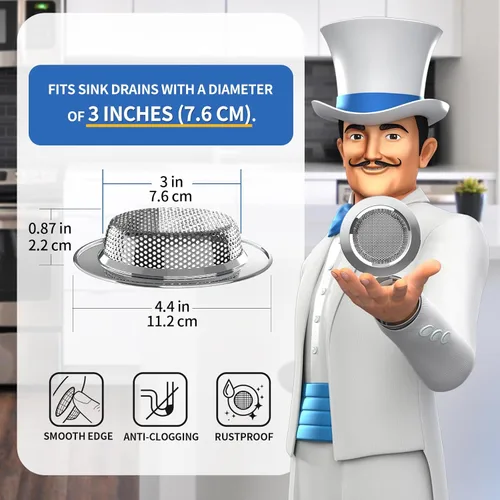 Miniatura 2 de MR.SIGA - Colador de fregadero de cocina, colador de drenaje de fregadero de acero inoxidable, apto para lavavajillas, diámetro exterior 4.4
