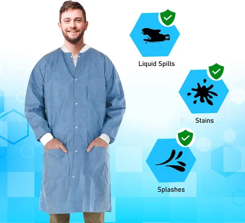 Miniatura 3 de Distributors - Abrigo de laboratorio desechable SMS de alto rendimiento con puños y cuello de punto, 3 bolsillos, longitud al muslo envuelta