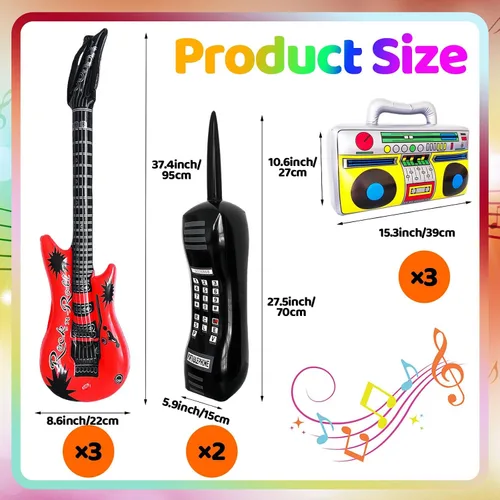 Miniatura 2 de Juego de 8 juguetes inflables de guitarra inflable para teléfono móvil retro Boombox, accesorios inflables para decoraciones de fiesta de los años