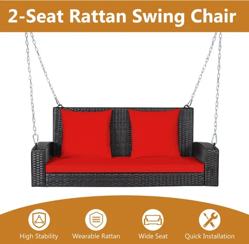 Miniatura 2 de DORTALA Columpio colgante para porche, banco de mimbre para 2 personas con cojines, cadenas de acero de 7.9 pies para jardín, patio, terraza y Negro
