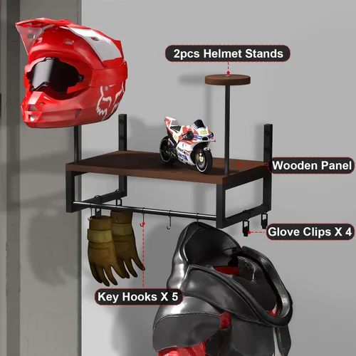 Miniatura 4 de Soporte de pared para casco, estante retro para casco con tabla de madera, 2 soportes para casco para almacenamiento de equipo de motocicleta