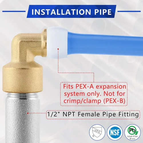 Miniatura 3 de Paquete de 5 YVSKM) 1/2" PEX-A Expansión × 1/2" Hembra NPT codo NPT, conexión roscada de flujo completo de latón sin plomo, certificado ASTM F1960