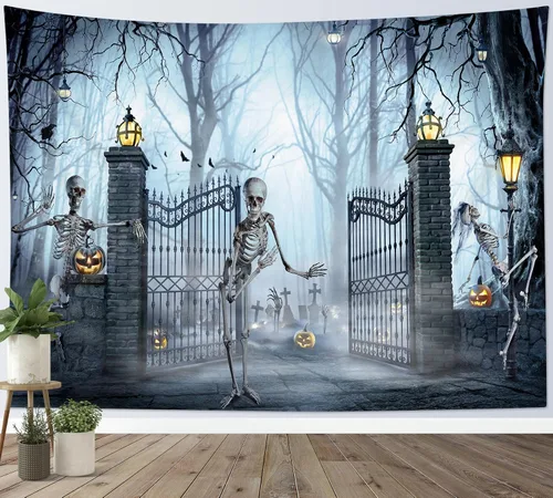 Miniatura 4 de HVEST Tapiz de Halloween para colgar en la pared, esqueleto de terror, cráneo, cementerio, calabaza, farol, bosque muerto, tapiz nocturno