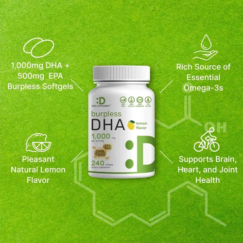 Miniatura 4 de Suplementos de DHA 240 cápsulas blandas, sin erupciones, sabor a limón, DHA 1000 mg + EPA 500 mg, pescado capturado en la naturaleza, rico