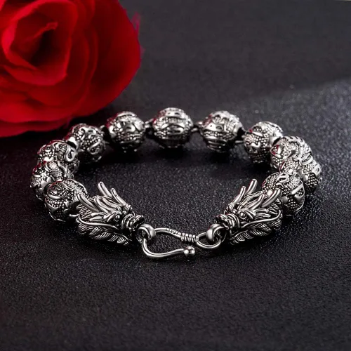 Miniatura 7 de Dankadi Pulsera de plata vintage para hombre, pulsera creativa de plata de ley 925 con dragón de 0.433 in, cadena de cuentas de 7-8-9-10 pulgadas
