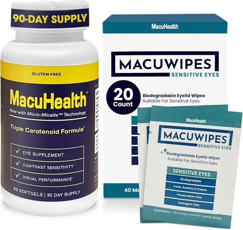 Macuhealth Vitaminas oculares de triple carotenoide para adultos con luteína, zeaxantina y meso-zeaxantina (suministro para 3 meses) y MacuWipes