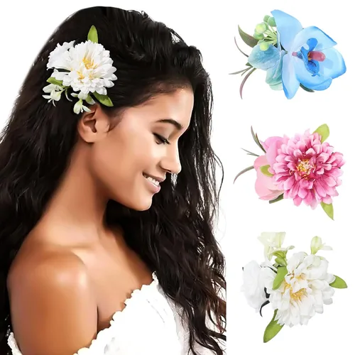 Miniatura 13 de HAIMEIKANG - Pinza para el pelo, 3 piezas de horquillas de flores hawaianas - Accesorios de cabello con flores tropicales artificiales para mujeres