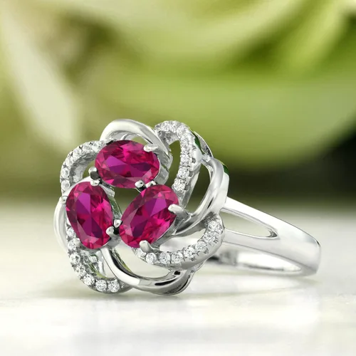Miniatura 4 de Gem Stone King Flower Blossom Gemstone Birthstone Ring in 925 Sterling Silver 3-Stone Oval 6X4MM with Sparkling Accents Wedding Anniversary