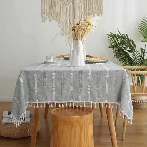 Miniatura 10 de Gernaice Mantel bordado de rayas rústicas y pequeñas con borlas cuadradas de algodón y lino, sin arrugas, lavable, para mesita de noche, café, Blanco