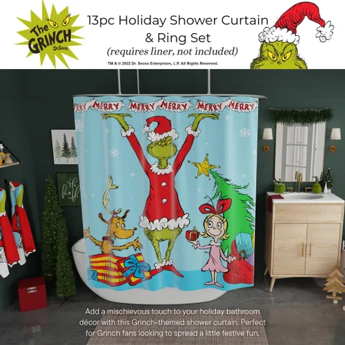 Miniatura 4 de Dr. Seuss The Grinch Holiday - Juego de cortinas de ducha de 13 piezas, cortina de tela de 72 x 72 pulgadas con ganchos, decoración de baño, lavable