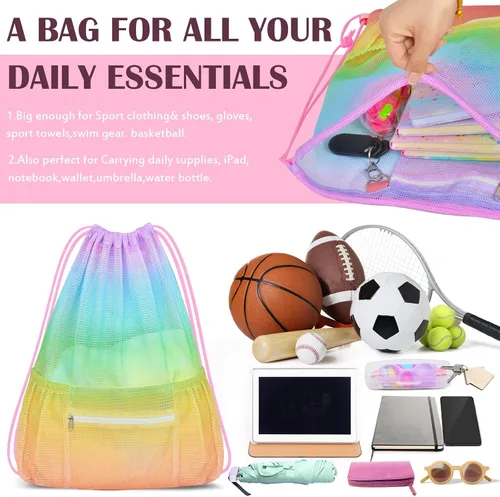 Miniatura 5 de Mochila de malla con cordón, bolsa de gimnasio deportiva grande para mujeres y niños con bolsillo y cremallera para playa, yoga, fútbol, fútbol, Con