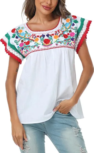 Miniatura 3 de YZXDORWJ Blusa tradicional colorida con encaje bordado mexicano para mujer, camiseta tricolor para el día de la independencia mexicana