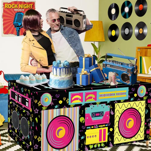 Miniatura 6 de Mantel rectangular de 6 pies de los años 80 y 90, con estampado de altavoz estéreo de radio retro, funda de mesa de tela lavable para cumpleaños