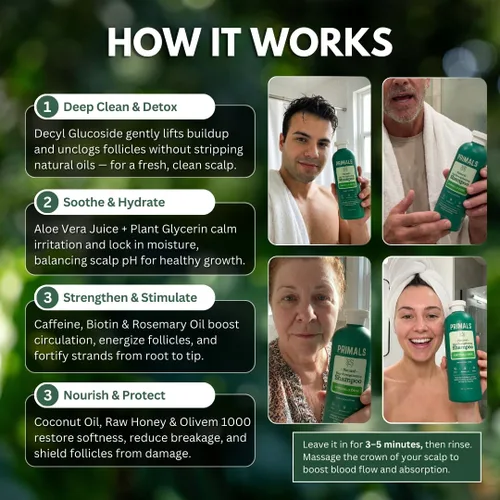 Miniatura 7 de PRIMALS Champú fortalecedor del cabello, cafeína, biotina, miel cruda, aceite de romero, antiadelgazamiento del cabello, ingredientes naturales
