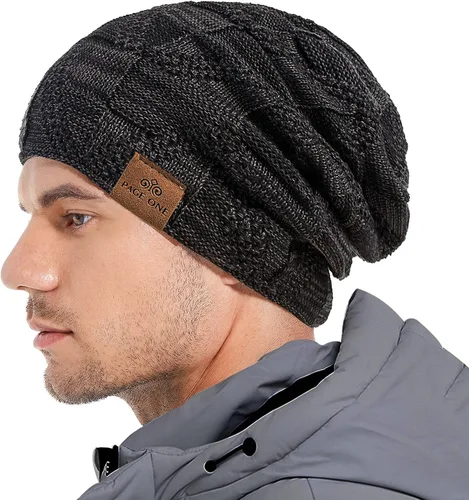 Miniatura 2 de PAGE ONE Mens Winter Slouchy Beanie Warm Fleece Lined Skull Cap Baggy Cable Knit Hat