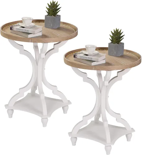 Miniatura 9 de Wnutrees Mesa auxiliar redonda de estilo granja, mesitas de noche rústicas para sala de estar, bandeja de madera, acabado artesanal, juego de 2