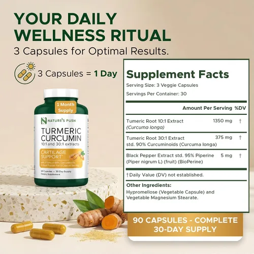 Miniatura 6 de Nature's Push Curcumina de cúrcuma súper potente 30:1 Extracto 30:1 375 mg 90% curcuminoides, 1,350 mg de raíz de cúrcuma 10:1 más pimienta negra