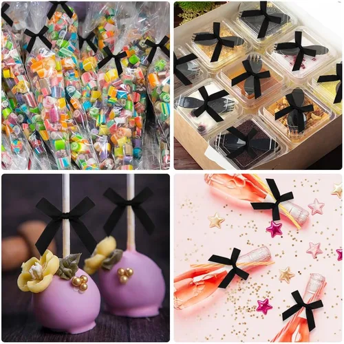 Miniatura 7 de Mini lazos negros para envoltura de regalos, 30 piezas de lazo negro para bolsas de golosinas, lazos pequeños de cinta de satén para Halloween