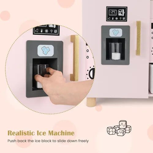 Miniatura 5 de INFANS Juego de cocina para niños, juego de juguetes de cocina de madera para niños pequeños con tablero de dibujo acrílico, máquina de hielo, Rosa