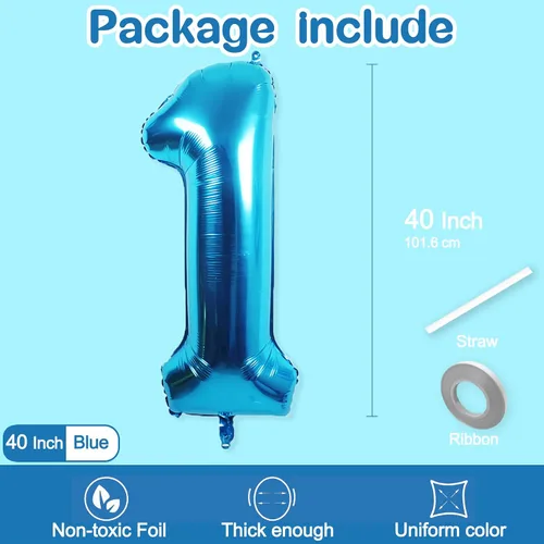 Miniatura 2 de 1 globo, globos número 1 de 40 pulgadas, globo grande azul grande de aluminio número 1 para primer cumpleaños, fiesta, graduación, boda