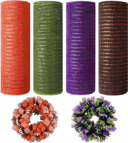 Miniatura 11 de 4 rollos de cinta de malla decorativa de otoño para suministros de fabricación de coronas, 10 pulgadas x 30 pies, cinta metálica de papel