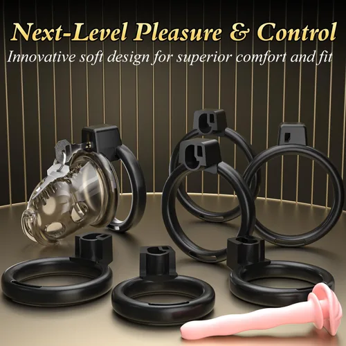 Miniatura 2 de Jaula de castidad masculina – Jaula de pene negra ligera con parte delantera de plástico suave y anillos de 6 tamaños, cómodo dispositivo