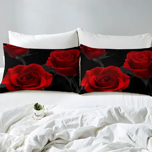 Miniatura 4 de Feelyou Juego de ropa de cama con rosas rojas, funda de edredón floral de lujo para niñas, mujeres, parejas, amantes, románticas, flores, funda