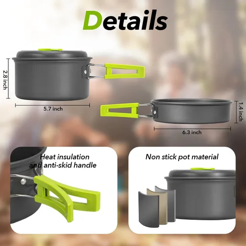 Miniatura 2 de Juego de 15 utensilios de cocina para acampar, juego de ollas ligeras antiadherentes, utensilios de cocina portátiles al aire libre para camping