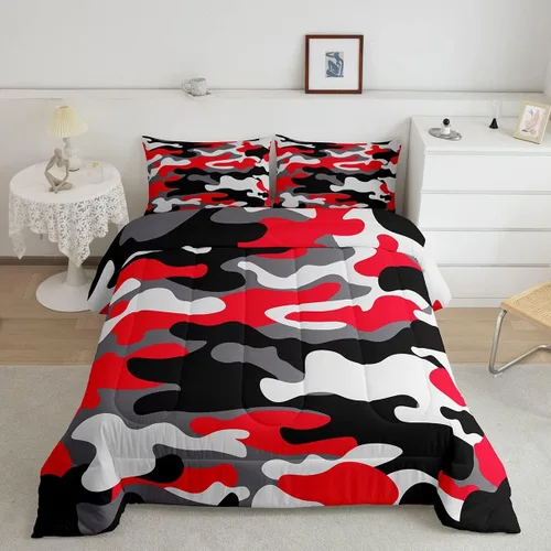 Miniatura 2 de Erosebridal Juego de ropa de cama de camuflaje, juego de edredón de camuflaje rojo y negro para niños y niñas, juego de edredón de estilo militar