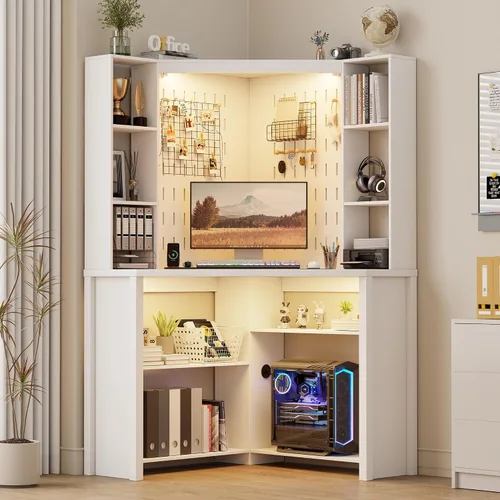 Miniatura 8 de Escritorio esquinero para computadora con luces LED, escritorio de estudio en forma de L con gabinete y estantes, escritorio triangular para oficina