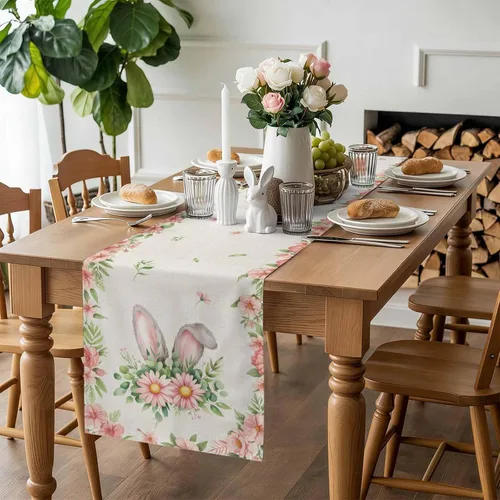 Miniatura 3 de Camino de mesa de Pascua de 36 pulgadas con orejas de conejo para decoración de mesa de cocina y comedor con flores de primavera