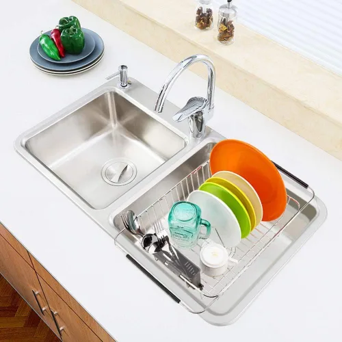 Miniatura 3 de SANNO Escurridor de platos con soporte para utensilios de acero inoxidable, escurridor grande para platos, estante expandible para fregadero o sobre