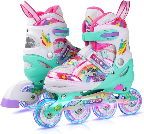 Patines en línea de unicornio arcoíris para niñas, adolescentes y mujeres, patines 4-Pejiijar para niñas de 6 a 8 a 12 años con ruedas luminosas,