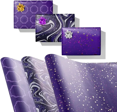 GAKA Rollo de papel de regalo, morado, 3 diseños diferentes de papel de regalo, adecuado para Halloween, Acción de Gracias, Navidad, cumpleaños,