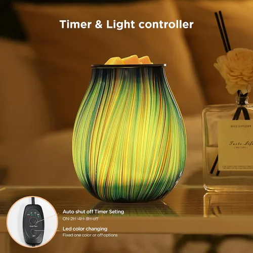Miniatura 3 de Calentador de Cera Eléctrico de Vidrio Artístico con Aromas, Vela Perfumida con Temporizador y 7 LED de Cambio de Color, Plato Desmontable