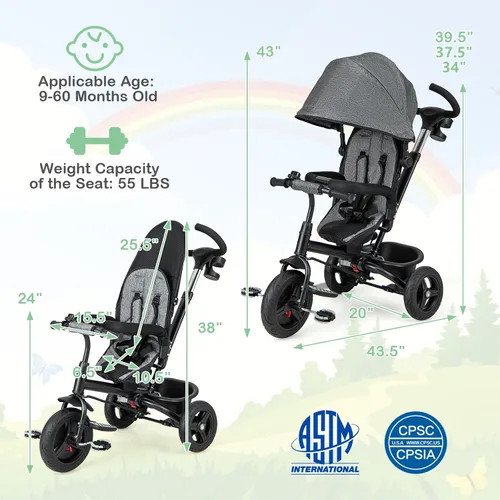 Miniatura 3 de HONEY JOY Triciclo, cochecito 6 en 1 para niños con asa de empuje ajustable y toldo, asiento reversible, cinturón de seguridad, pedal plegable, Gris