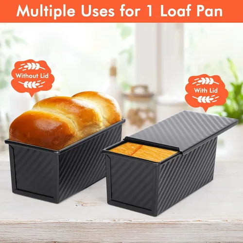 Miniatura 5 de Beasea Pullman - Molde para pan con tapa, paquete de 2 moldes pequeños antiadherentes para pan de 0.5 lb, acero al carbono, mini caja para pan Negro