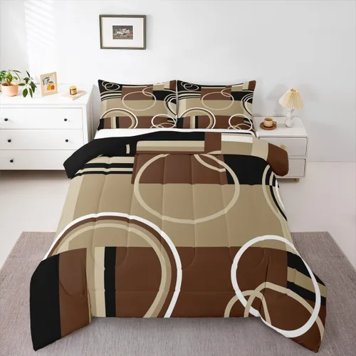 Juego de edredón moderno de tamaño individual, color marrón, gris y negro, juego de ropa de cama con espirales geométricos para niños y niñas,