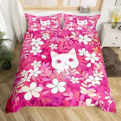 Miniatura 19 de Funda de edredón de gatos negros y blancos, juego de ropa de cama verde para niños, bonita funda de edredón de gatos para decoración de habitación