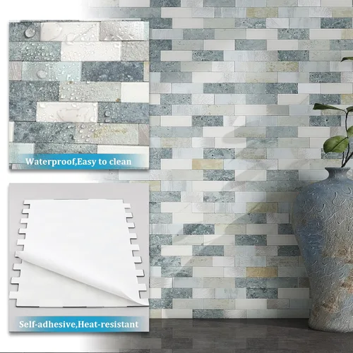 Miniatura 7 de BeNice Adhesivos para despegar y pegar, para cocina, mosaico, baño, mármol, ducha, azulejos, impermeables, (10 hojas, azul gris)