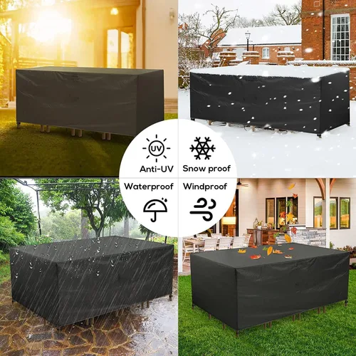 Miniatura 7 de Fundas para muebles de patio al aire libre, impermeables, 600D, rectangular, juego de mesa y silla, a prueba de viento, polvo, anti-UV, duradera