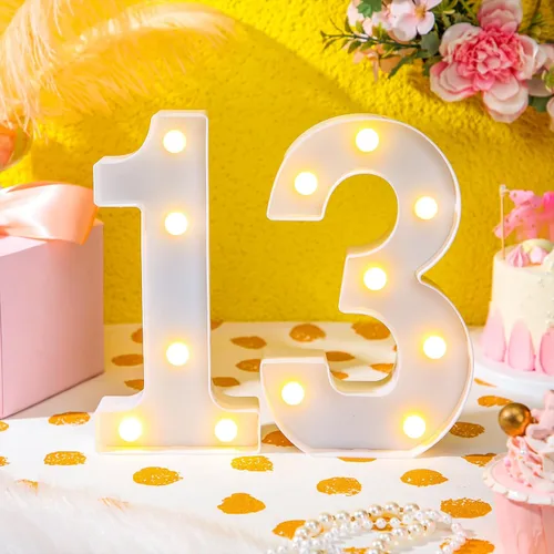 Miniatura 4 de Treela Números LED iluminados decorativos de 8.7'' de cumpleaños, letrero de números de marquesina de purpurina para decoración de fiesta de Blanco