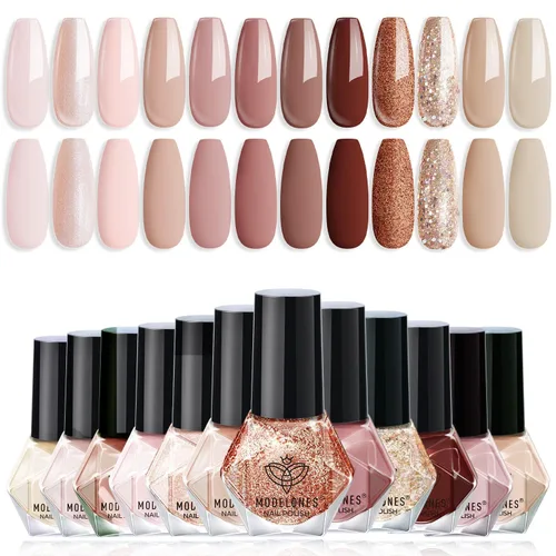 Miniatura 10 de modelones Juego de esmaltes de uñas de 12 colores, rojo burdeos, Año Nuevo 2025, juego de esmaltes de uñas champán dorado con purpurina rojo oscuro