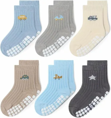 Miniatura 7 de Calcetines antideslizantes de agarre para niños pequeños con suela antideslizante, calcetines de algodón unisex para bebés, niños y niñas, 6 pares